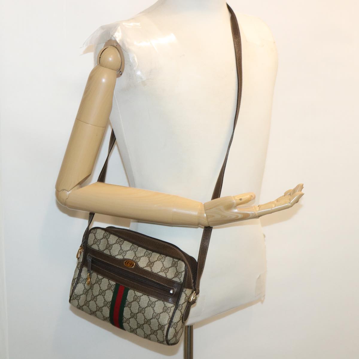 GUCCI GG Canvas Web Sherry Line Shoulder Bag PVC Leather Beige Red Auth yk5884B