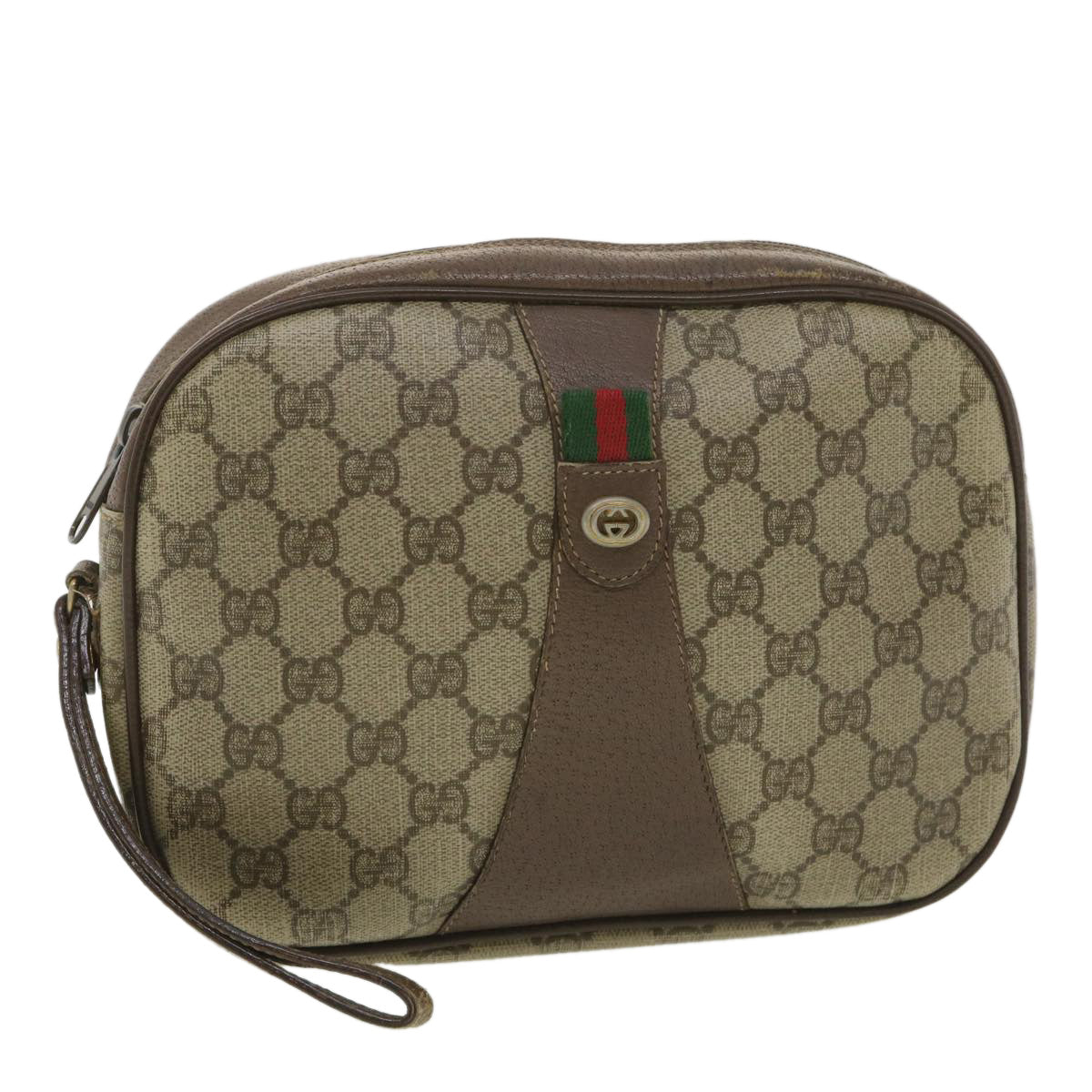 GUCCI GG Canvas Web Sherry Line Clutch Bag PVC Leather Beige Red Auth yk5995