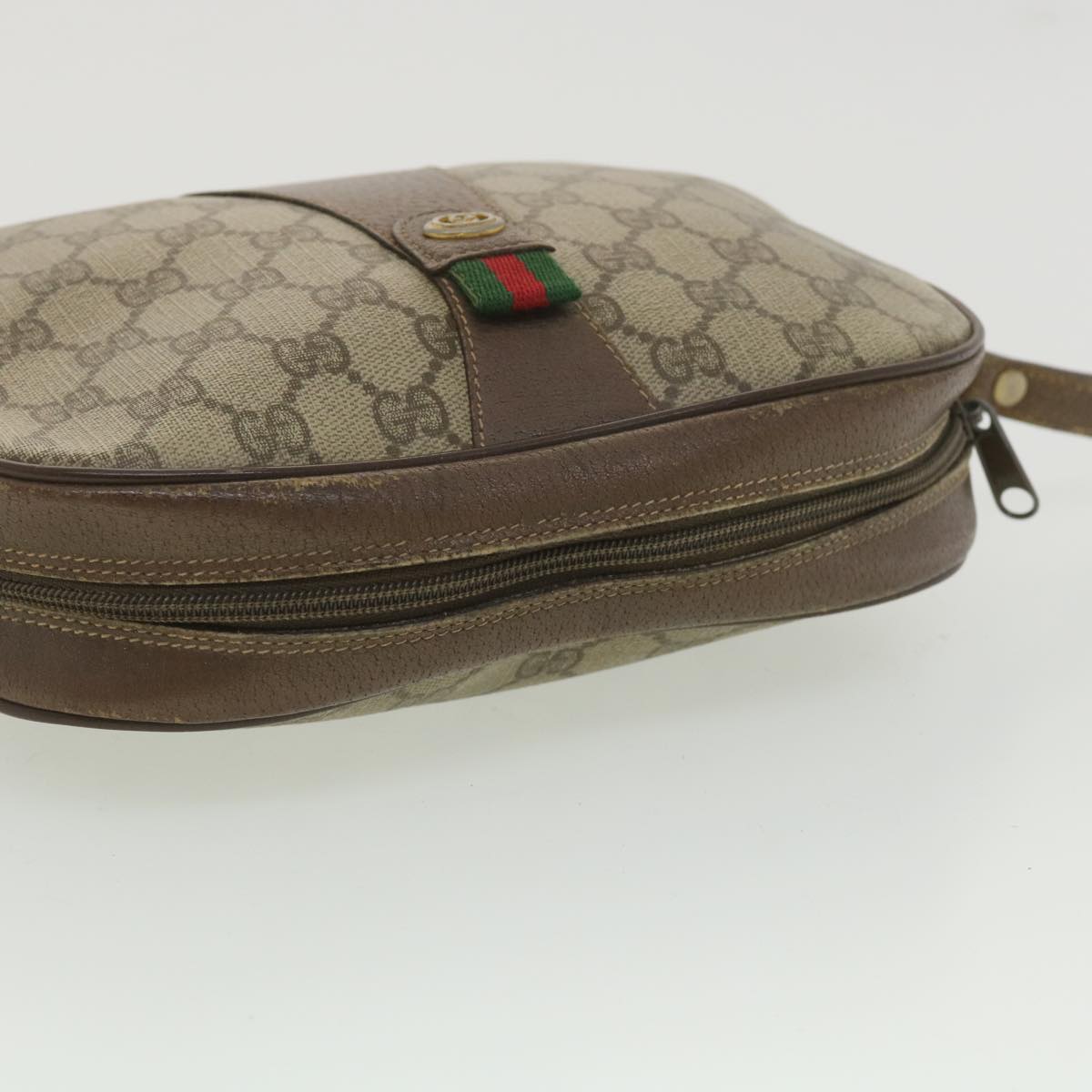 GUCCI GG Canvas Web Sherry Line Clutch Bag PVC Leather Beige Red Auth yk5995