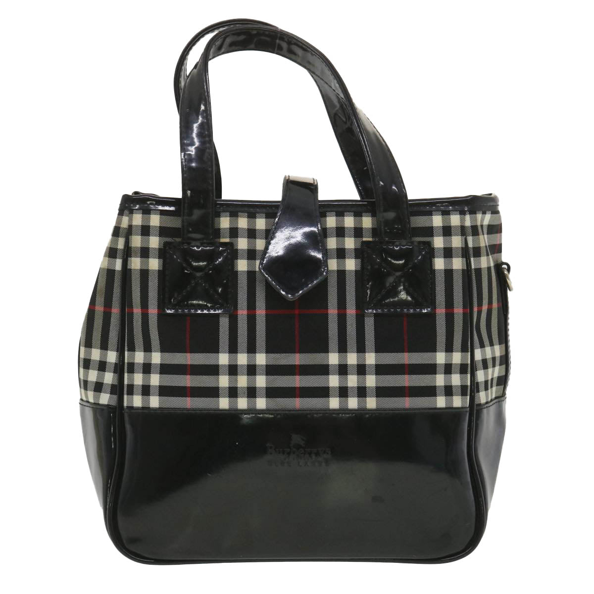 BURBERRY Nova Check Blue Label Hand Bag Nylon Enamel Black White Red Auth yk6038