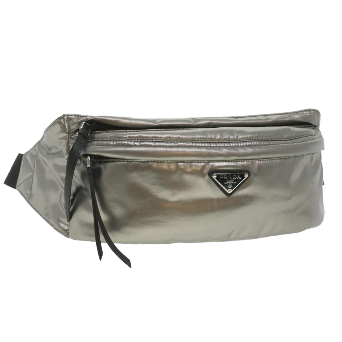 PRADA Waist Bag Patent Silver Black Auth yk6058