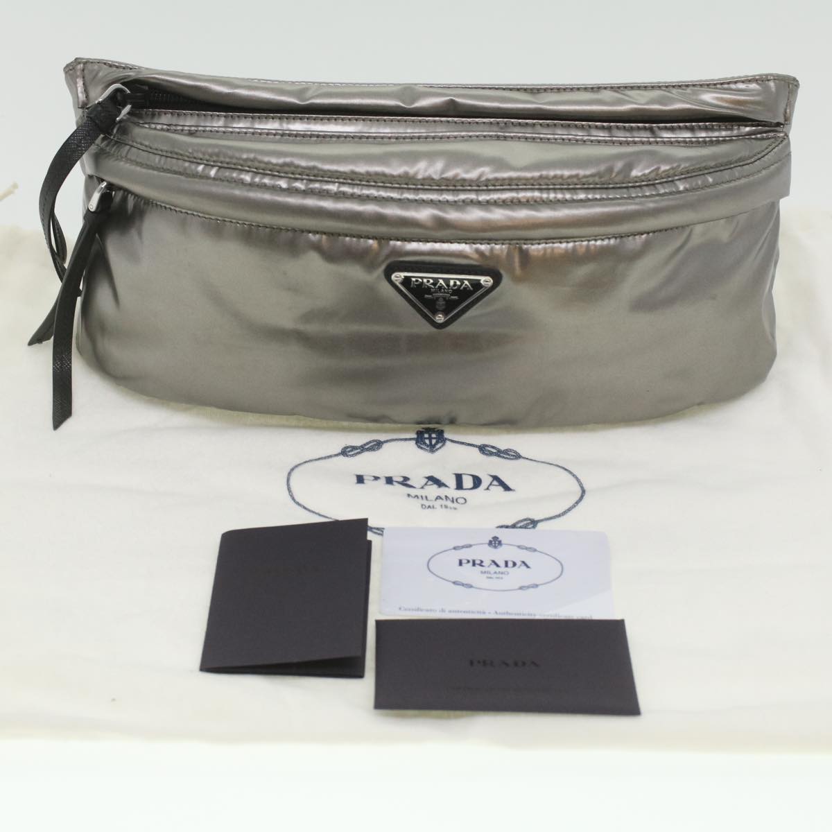 PRADA Waist Bag Patent Silver Black Auth yk6058