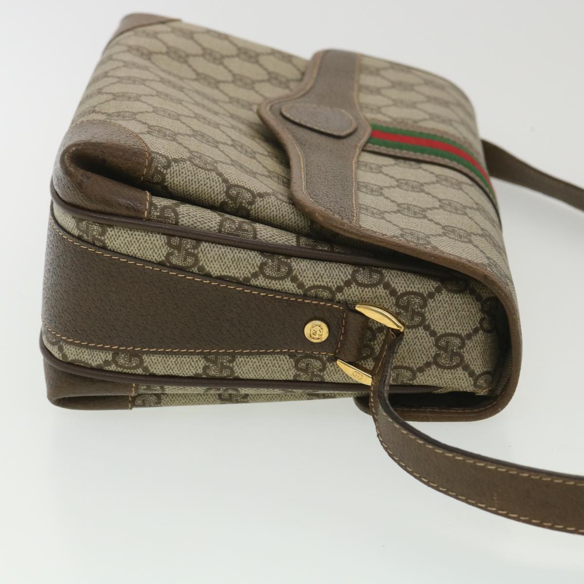 GUCCI Web Sherry Line GG Canvas Shoulder Bag PVC Leather Beige Green Auth yk6091