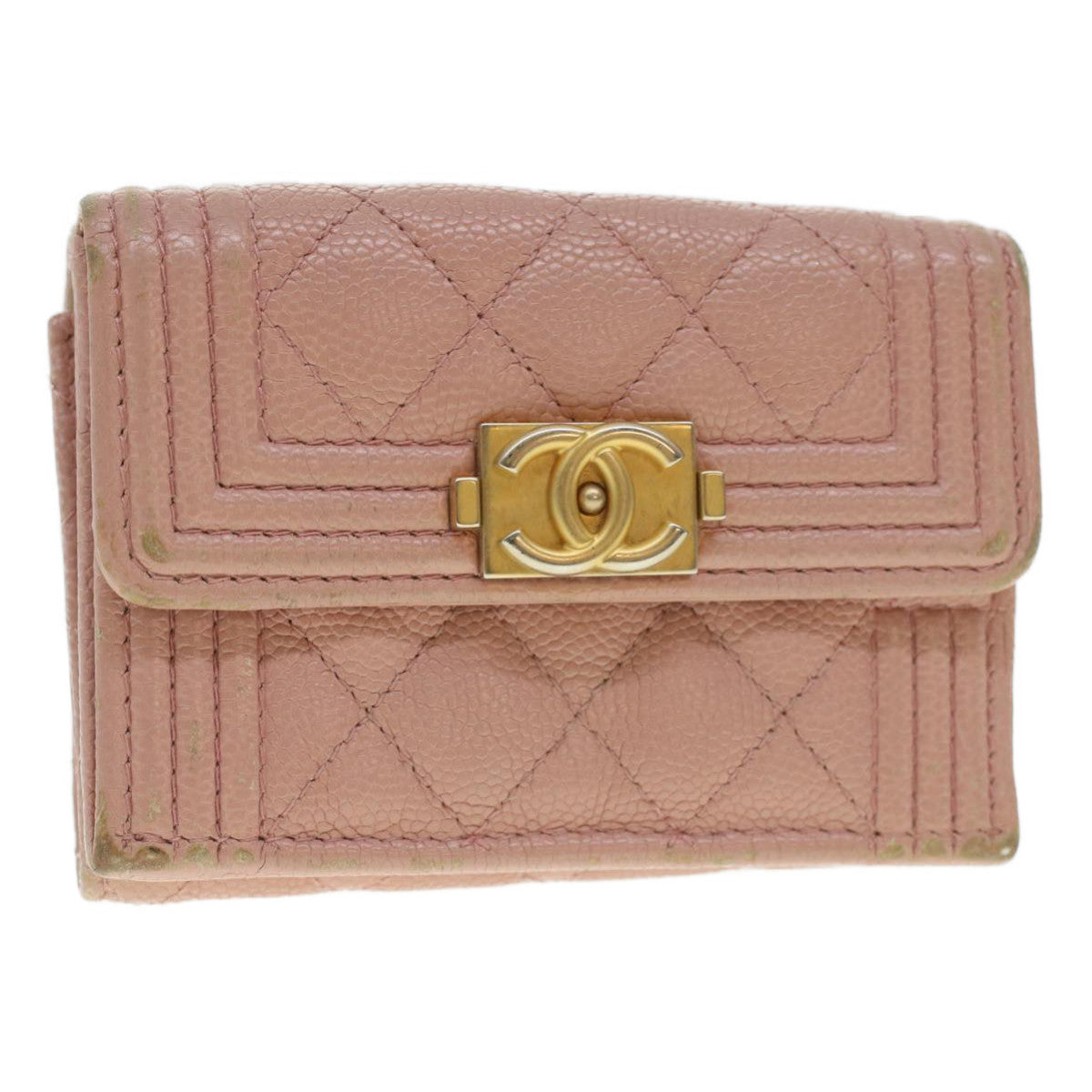 CHANEL Boy Chanel Compact Wallet Caviar Skin Pink CC Auth yk6098