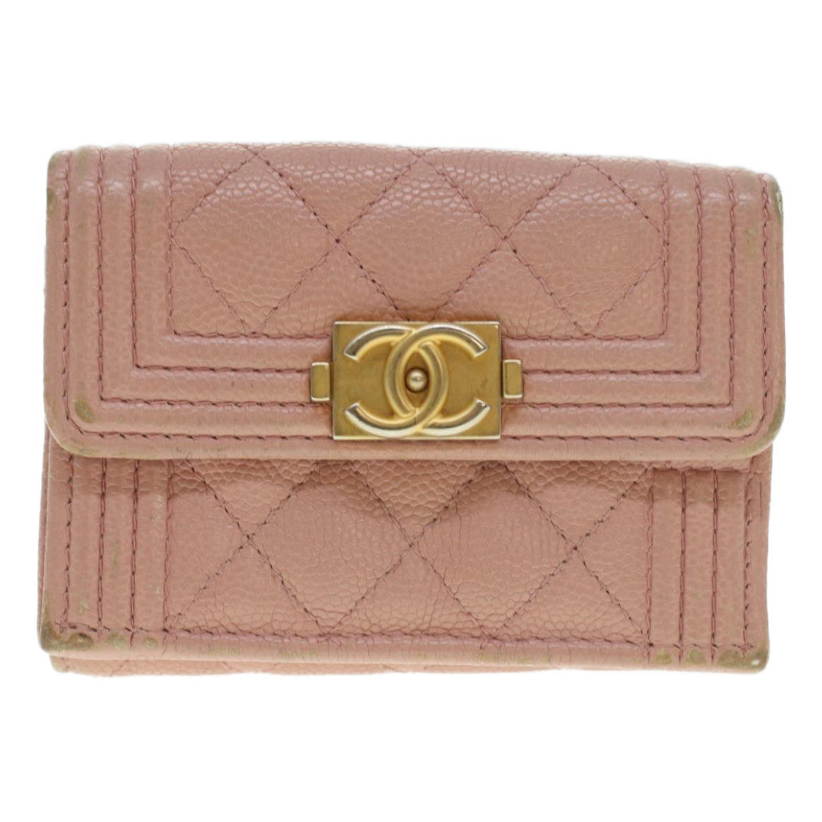 CHANEL Boy Chanel Compact Wallet Caviar Skin Pink CC Auth yk6098