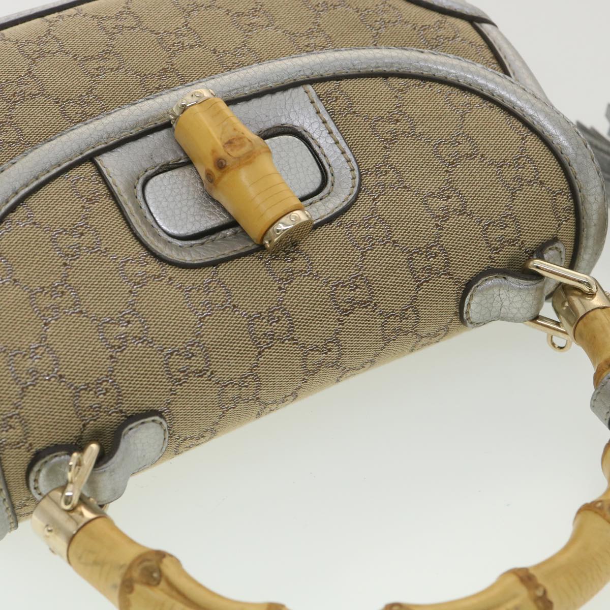 GUCCI GG Canvas Bamboo Hand Bag Beige Silver 254884 Auth yk6106