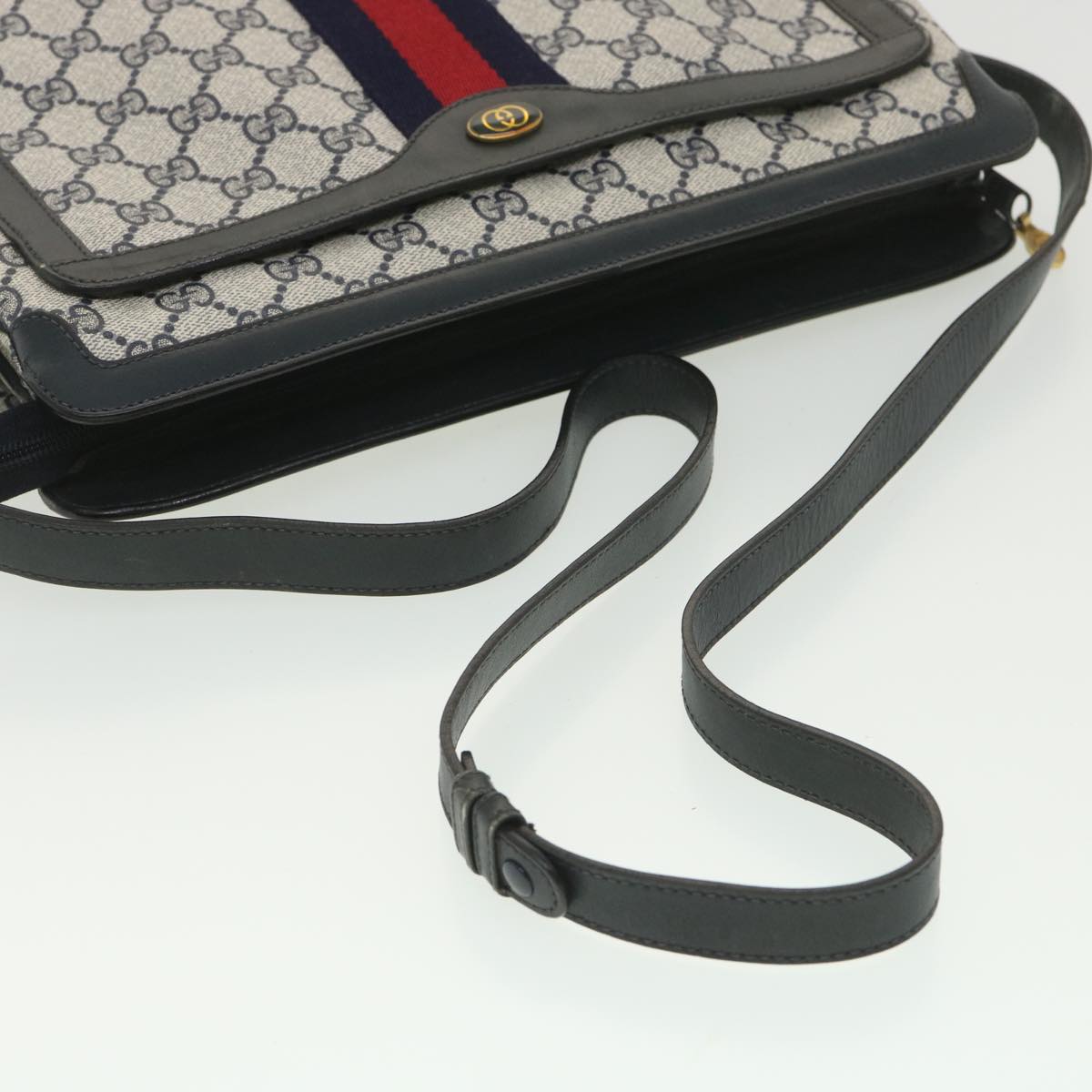 GUCCI GG Canvas Sherry Line Shoulder Bag PVC Leather Gray Red Navy Auth yk6173B