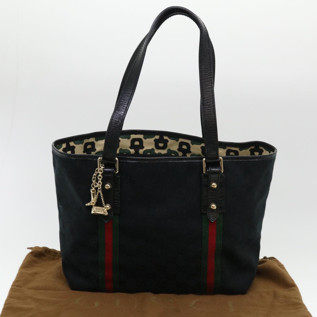 GUCCI GG Canvas Web Sherry Line Tote Bag Black Red Green 137396 Auth yk6284