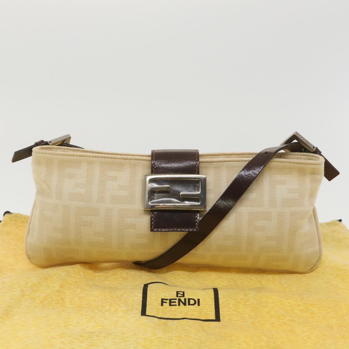 FENDI Zucca Canvas Mamma Baguette Shoulder Bag Beige Auth yk6309