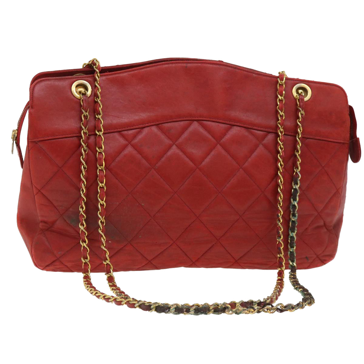 CHANEL Matelasse Chain Shoulder Bag Lamb Skin Red CC Auth yk6320B