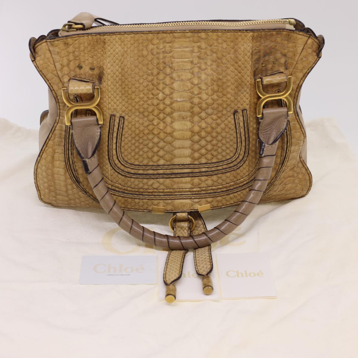 Chloe Snake Pattern Mercy Hand Bag Leather Beige Auth yk6378