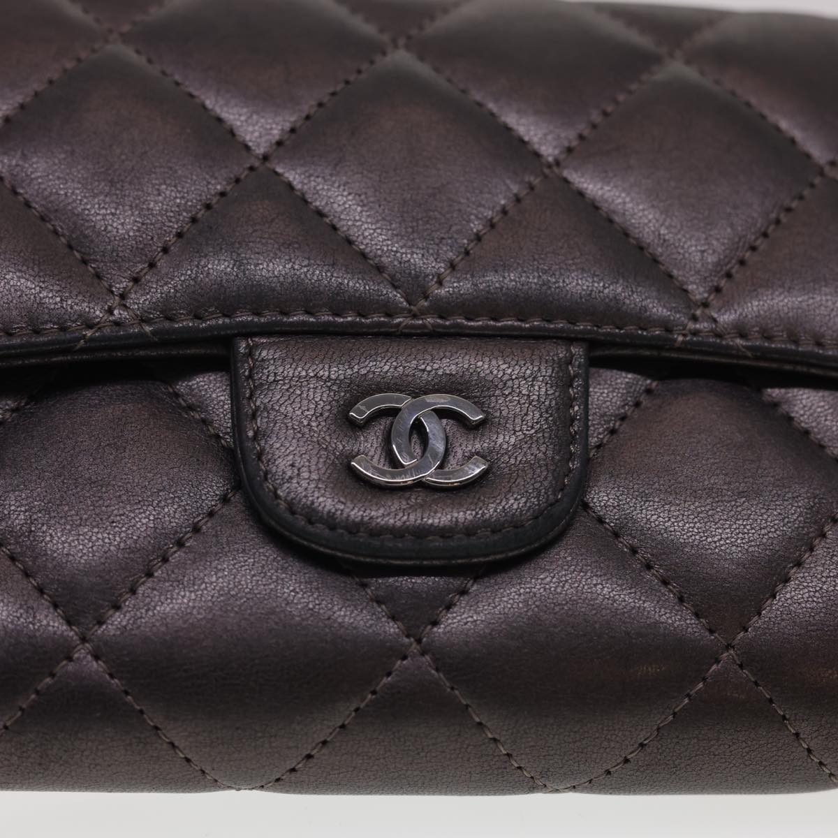 CHANEL Matelasse Long Wallet Lamb Skin Gray CC Auth yk6470