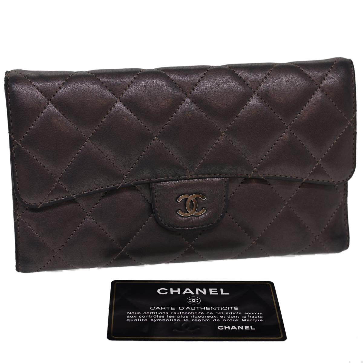 CHANEL Matelasse Long Wallet Lamb Skin Gray CC Auth yk6470