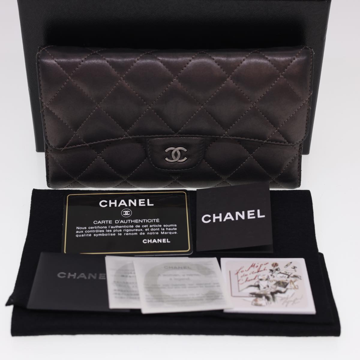 CHANEL Matelasse Long Wallet Lamb Skin Gray CC Auth yk6470