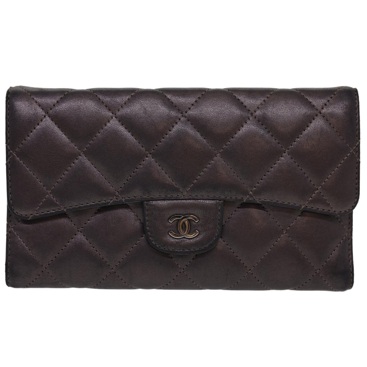 CHANEL Matelasse Long Wallet Lamb Skin Gray CC Auth yk6470