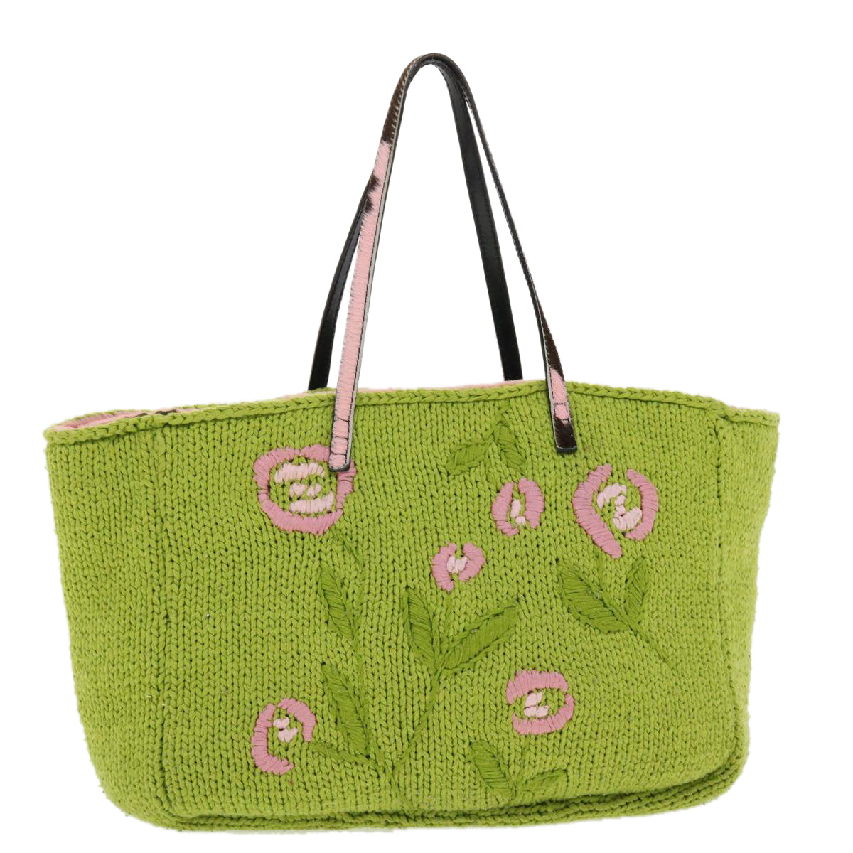 FENDI Floral Tote Bag Wool Harako Leather Green Pink Auth yk6518
