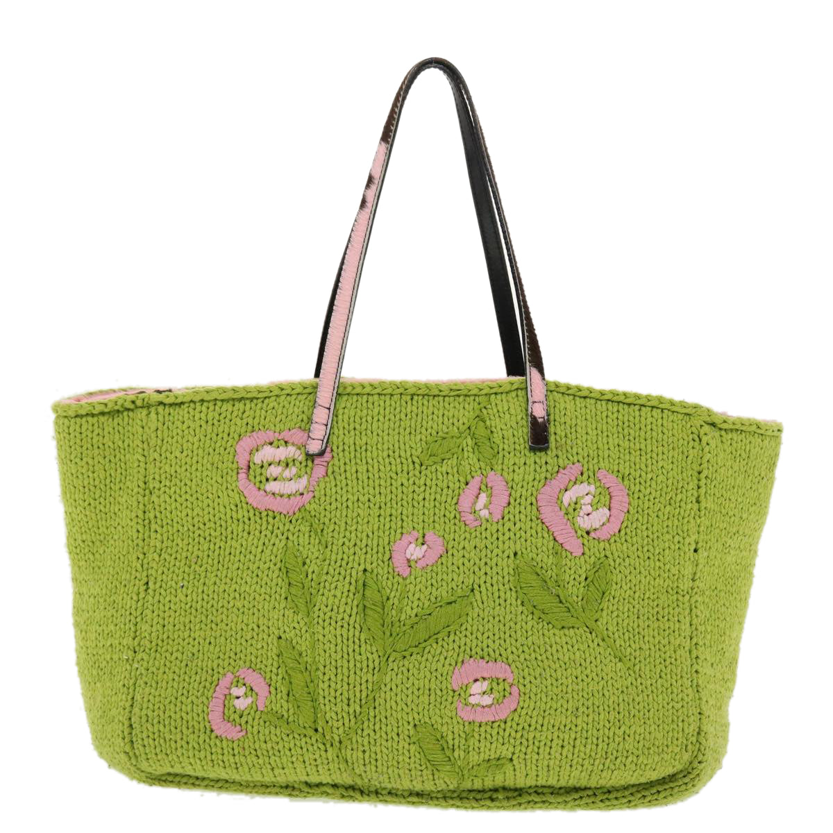 FENDI Floral Tote Bag Wool Harako Leather Green Pink Auth yk6518