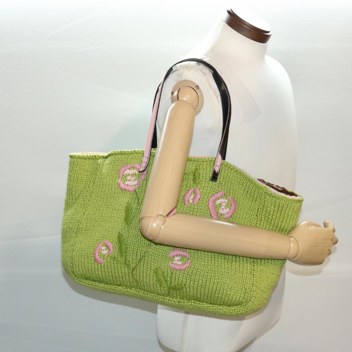 FENDI Floral Tote Bag Wool Harako Leather Green Pink Auth yk6518