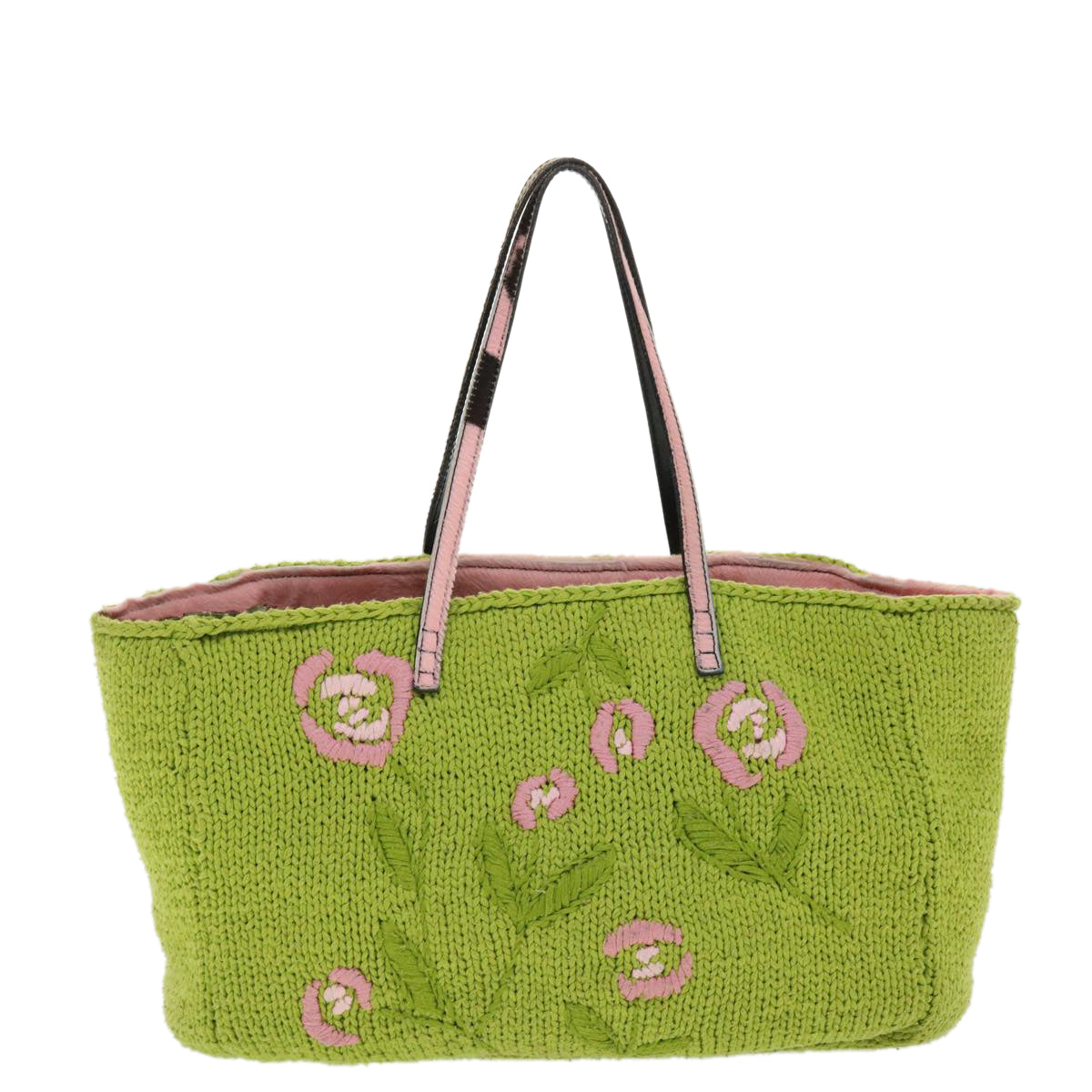 FENDI Floral Tote Bag Wool Harako Leather Green Pink Auth yk6518 - 0