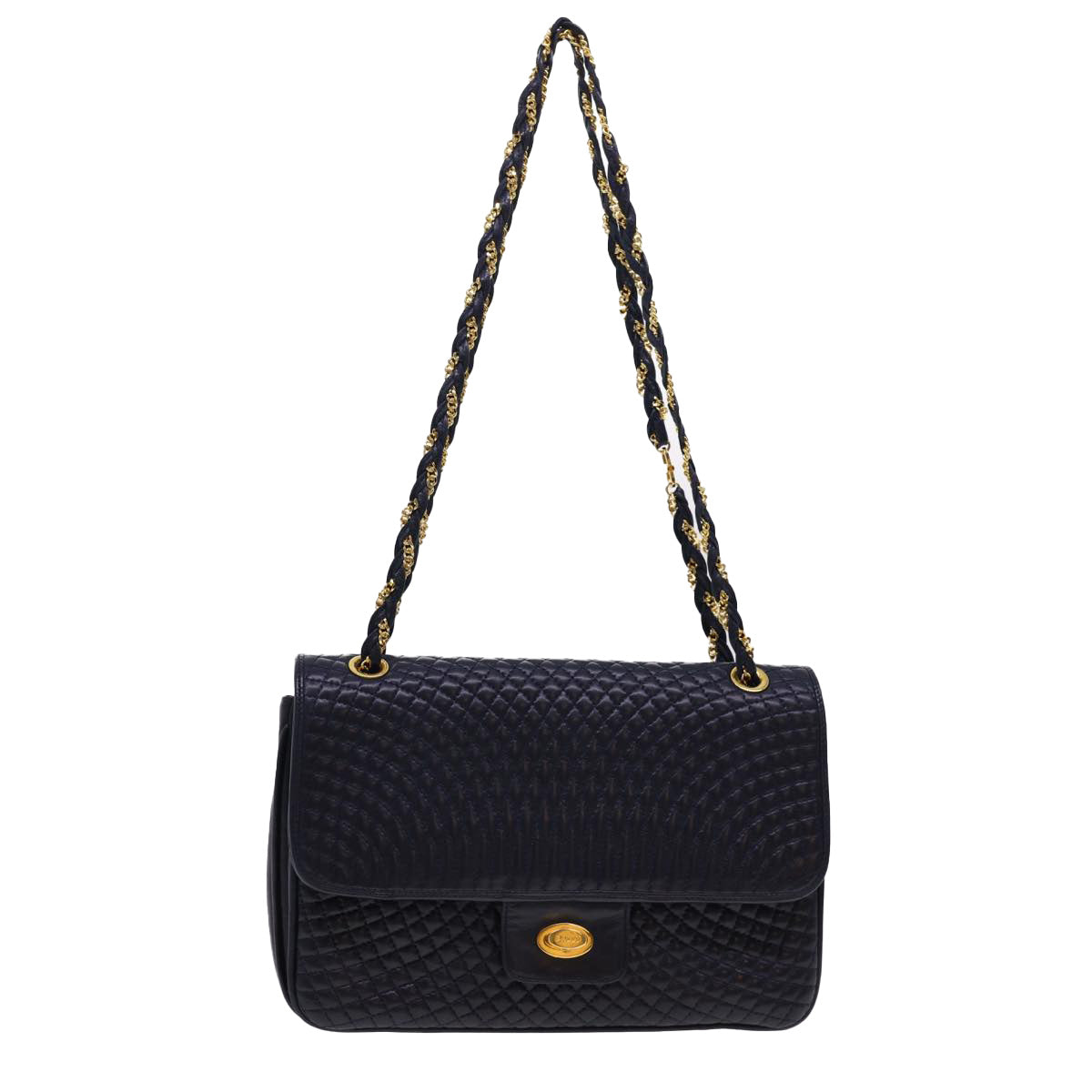 BALLY Quilted Chain Shoulder Bag Leather Navy Auth yk6540