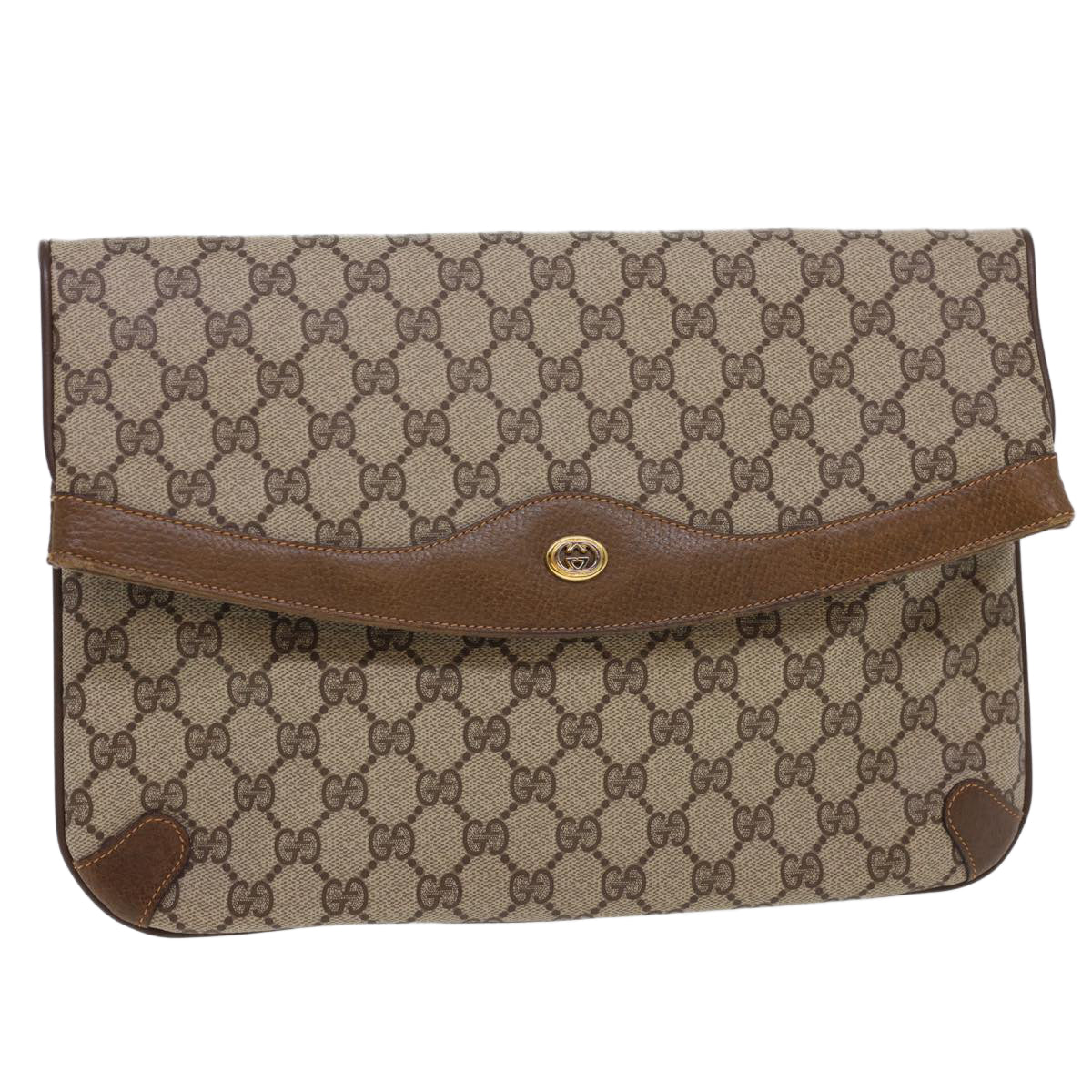 GUCCI GG Canvas Clutch Bag PVC Leather Beige Brown Auth yk6557