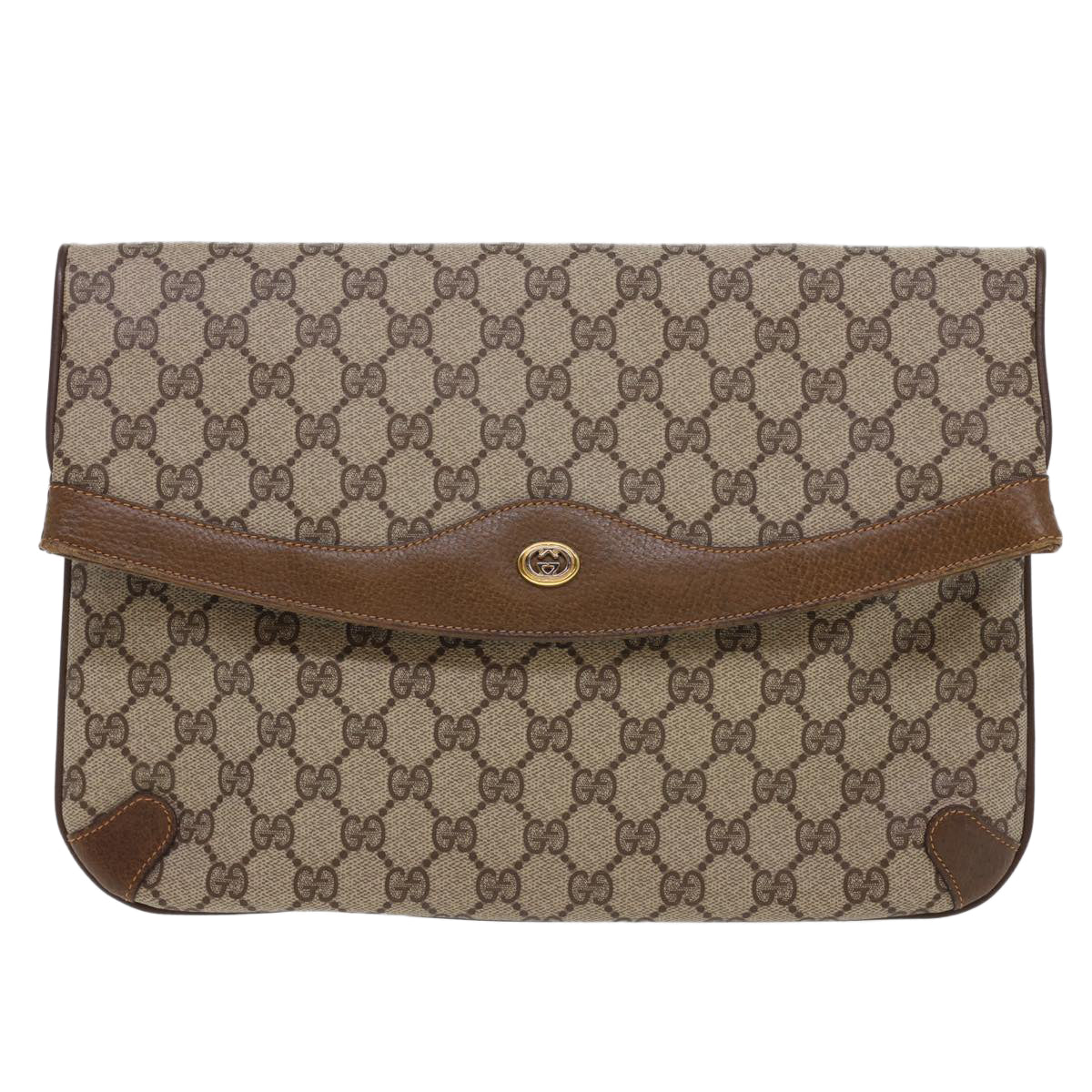 GUCCI GG Canvas Clutch Bag PVC Leather Beige Brown Auth yk6557