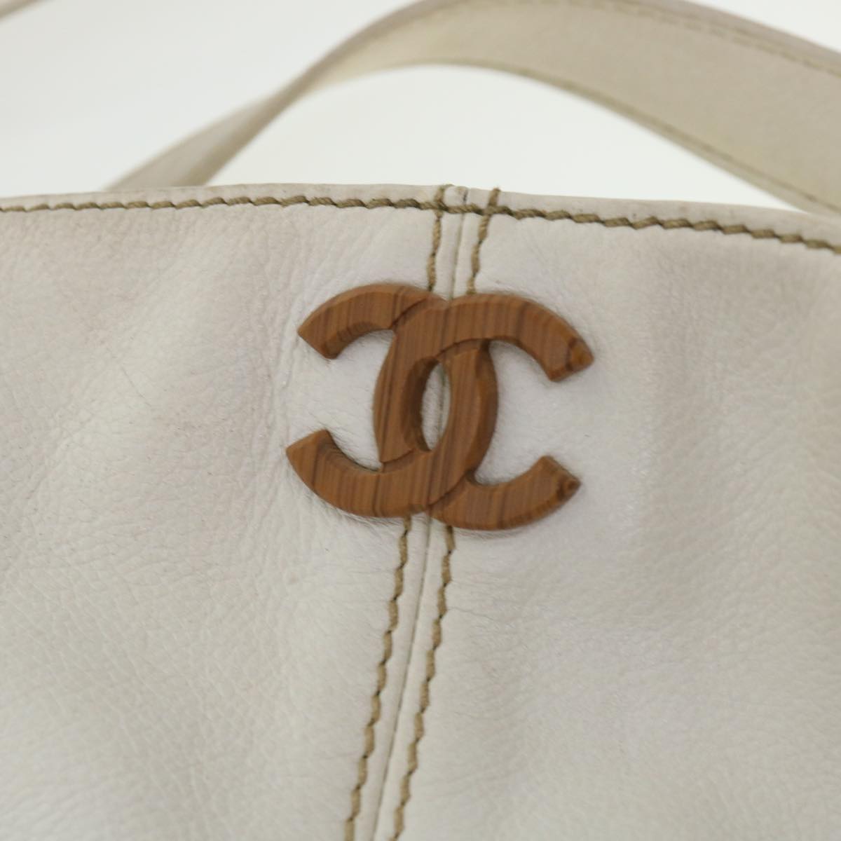 CHANEL Wood Chain Tote Bag Caviar Skin White Brown CC Auth yk6580