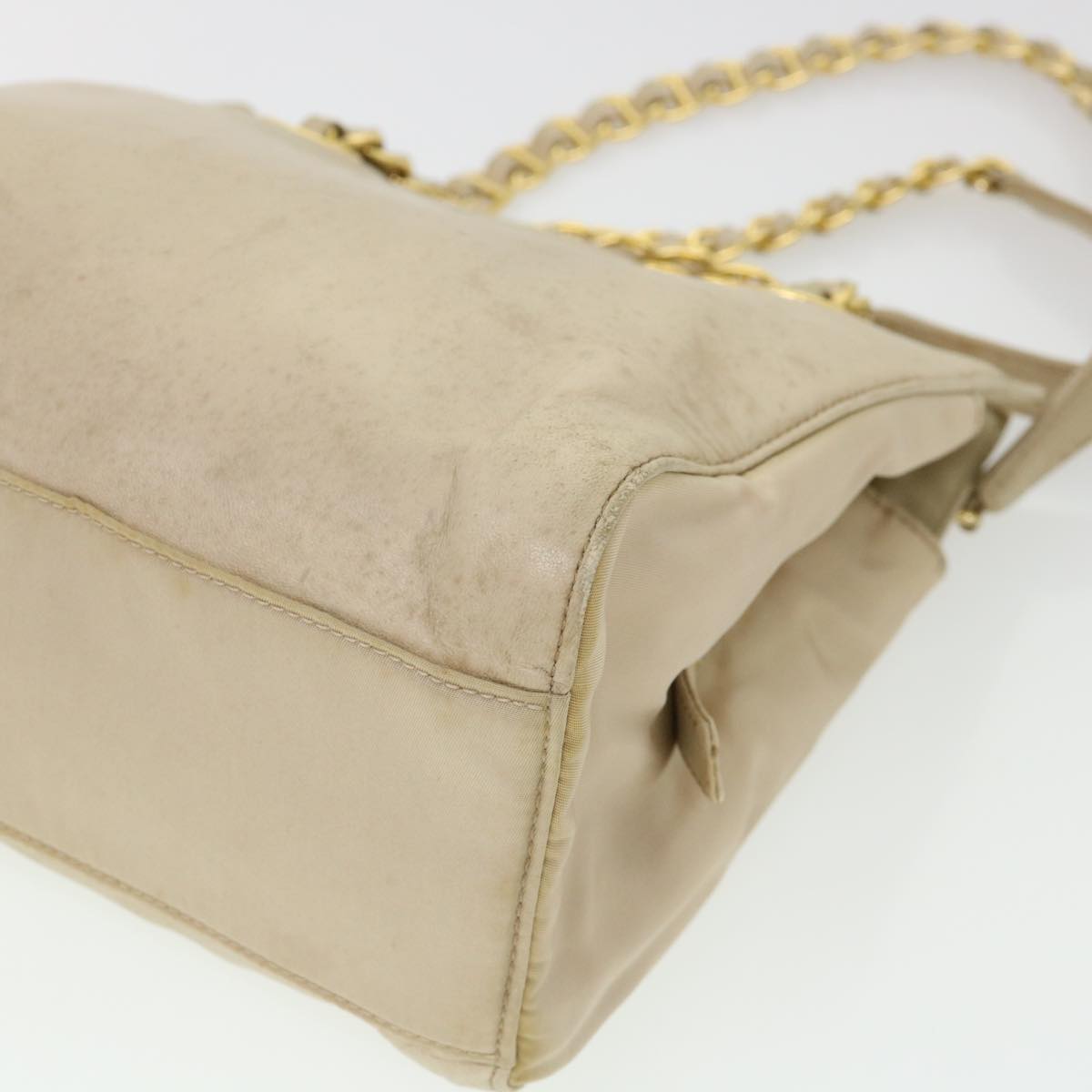 PRADA Chain Shoulder Bag Leather Nylon Beige Auth yk6603