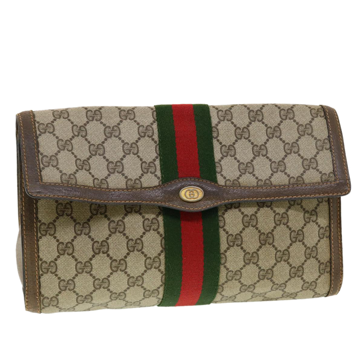 GUCCI GG Canvas Web Sherry Line Clutch Bag Beige Red 89.01.007 Auth yk6645B