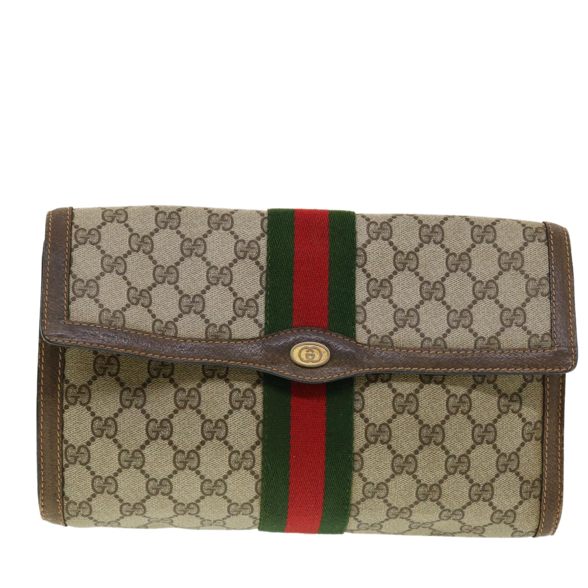 GUCCI GG Canvas Web Sherry Line Clutch Bag Beige Red 89.01.007 Auth yk6645B