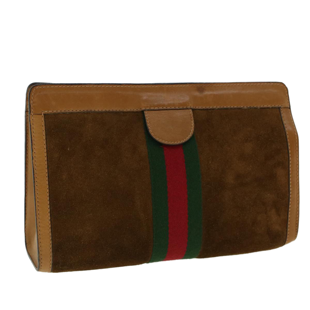 GUCCI Web Sherry Line Clutch Bag Suede Brown Green Red 37.014.2126 Auth yk6703