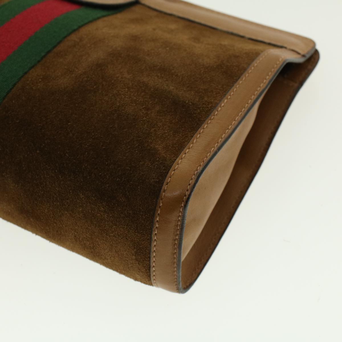 GUCCI Web Sherry Line Clutch Bag Suede Brown Green Red 37.014.2126 Auth yk6703