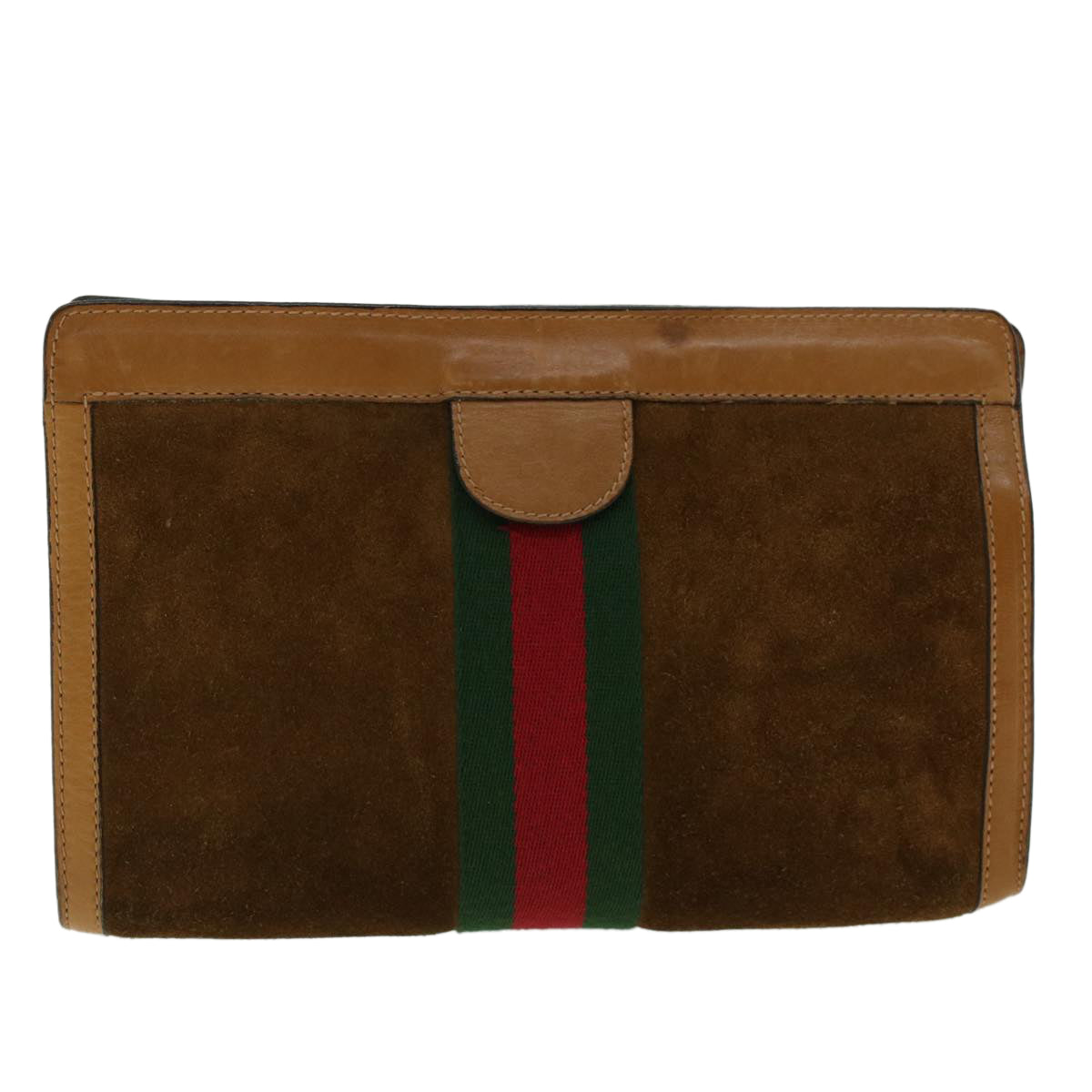 GUCCI Web Sherry Line Clutch Bag Suede Brown Green Red 37.014.2126 Auth yk6703