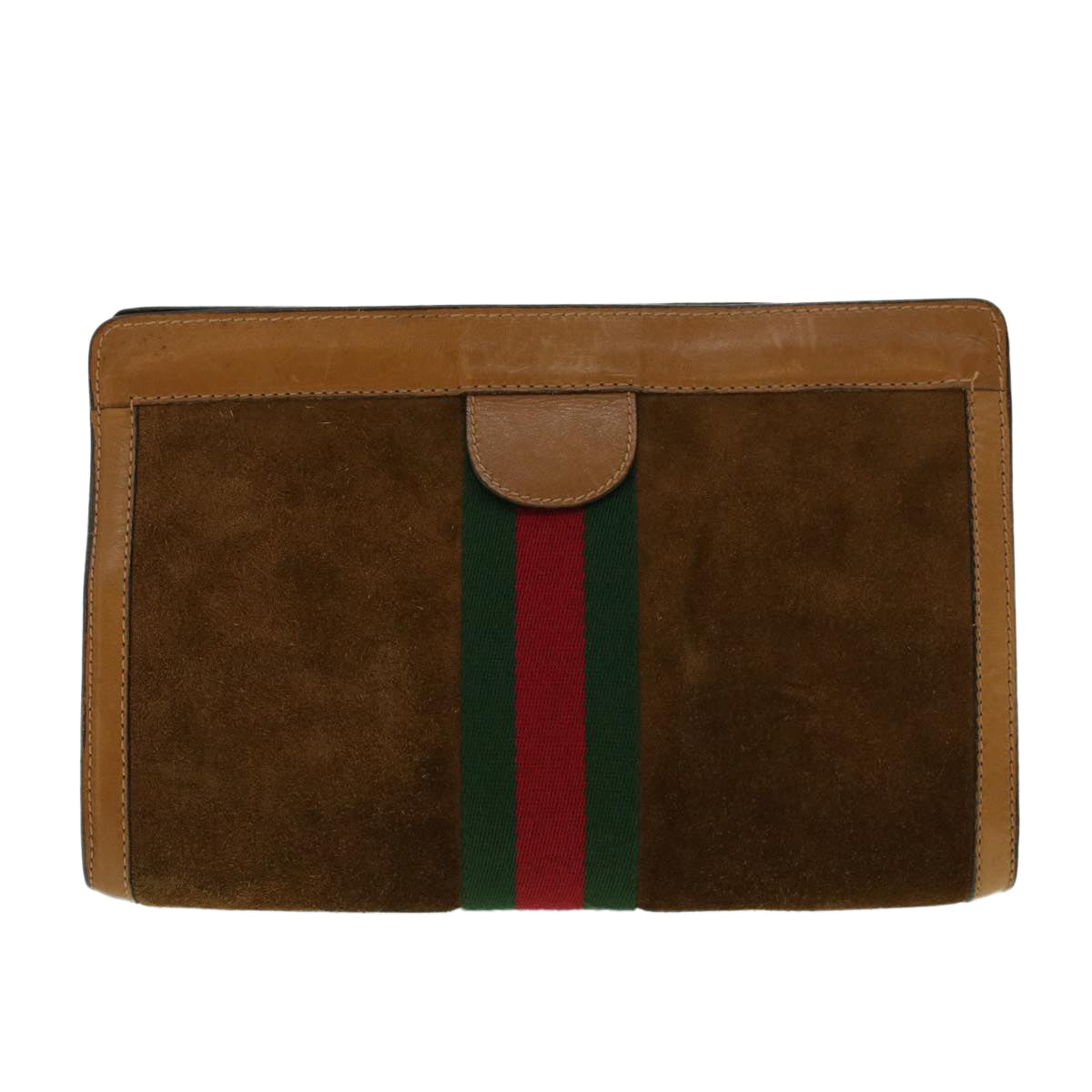 GUCCI Web Sherry Line Clutch Bag Suede Brown Green Red 37.014.2126 Auth yk6703 - 0