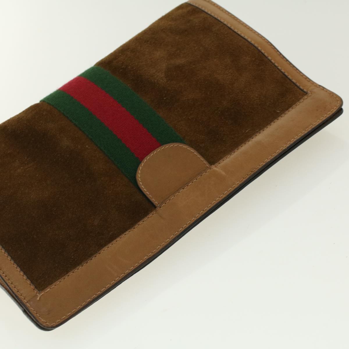 GUCCI Web Sherry Line Clutch Bag Suede Brown Green Red 37.014.2126 Auth yk6703