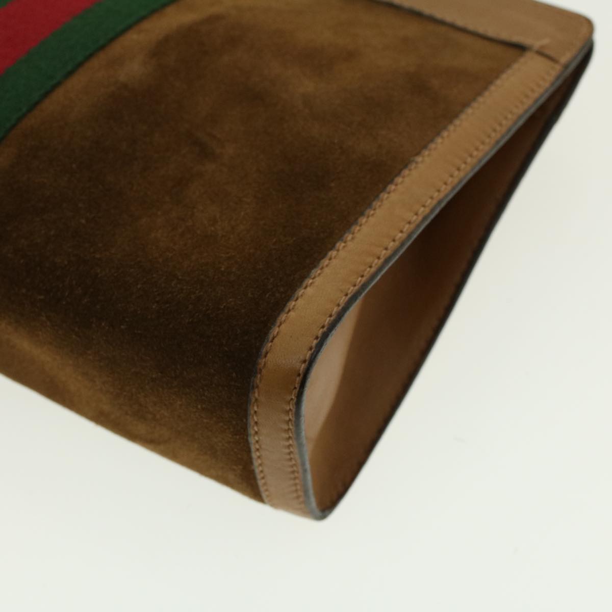 GUCCI Web Sherry Line Clutch Bag Suede Brown Green Red 37.014.2126 Auth yk6703