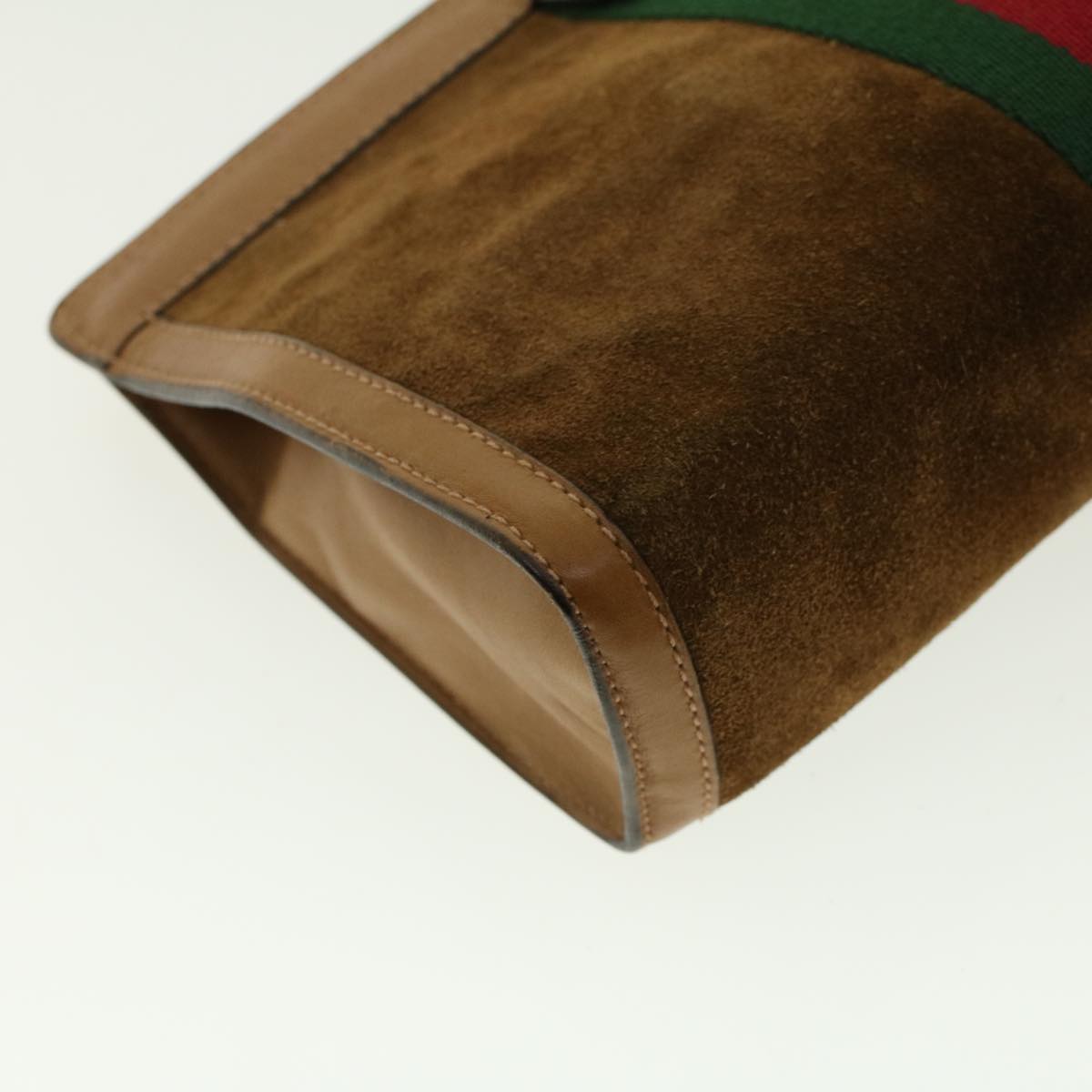 GUCCI Web Sherry Line Clutch Bag Suede Brown Green Red 37.014.2126 Auth yk6703