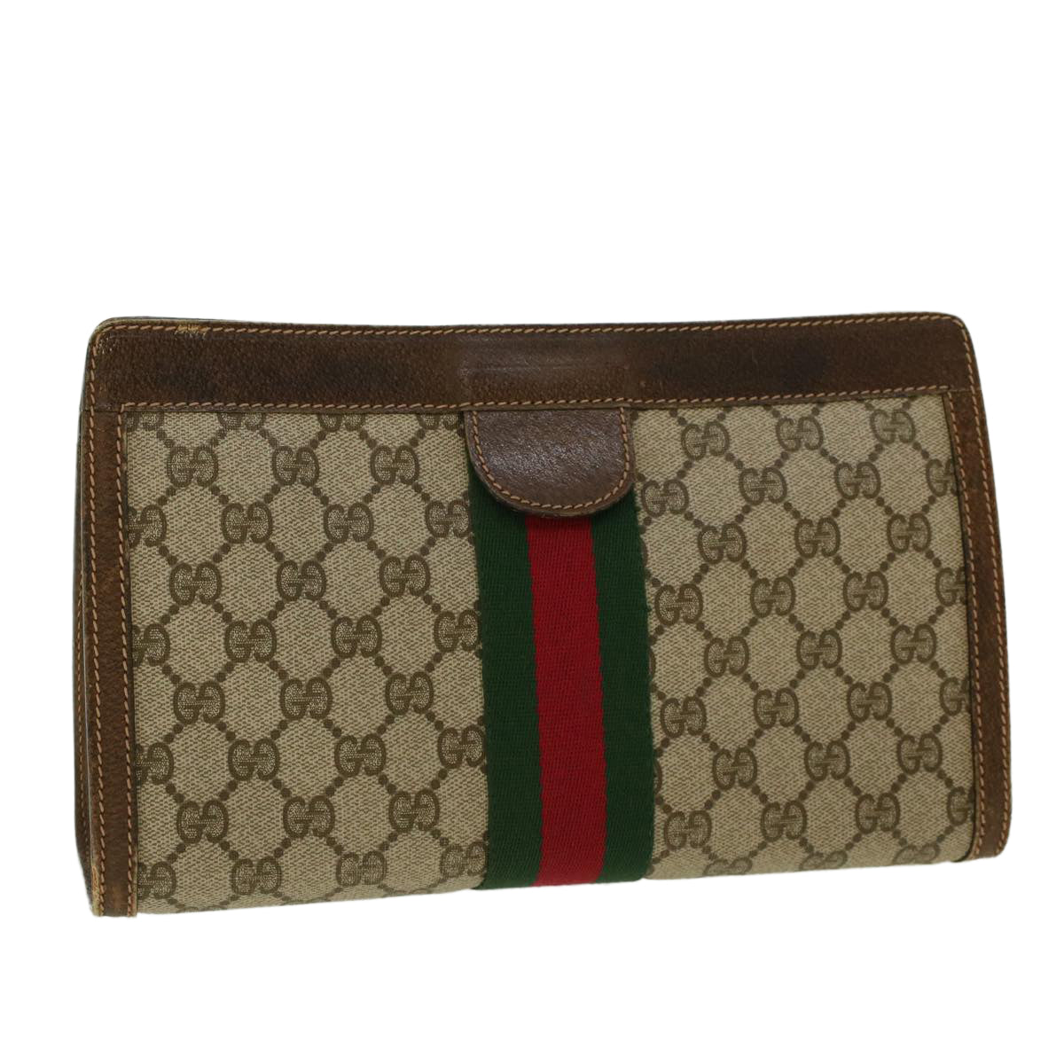 GUCCI GG Canvas Web Sherry Line Clutch Bag Beige Red Green Auth yk6708