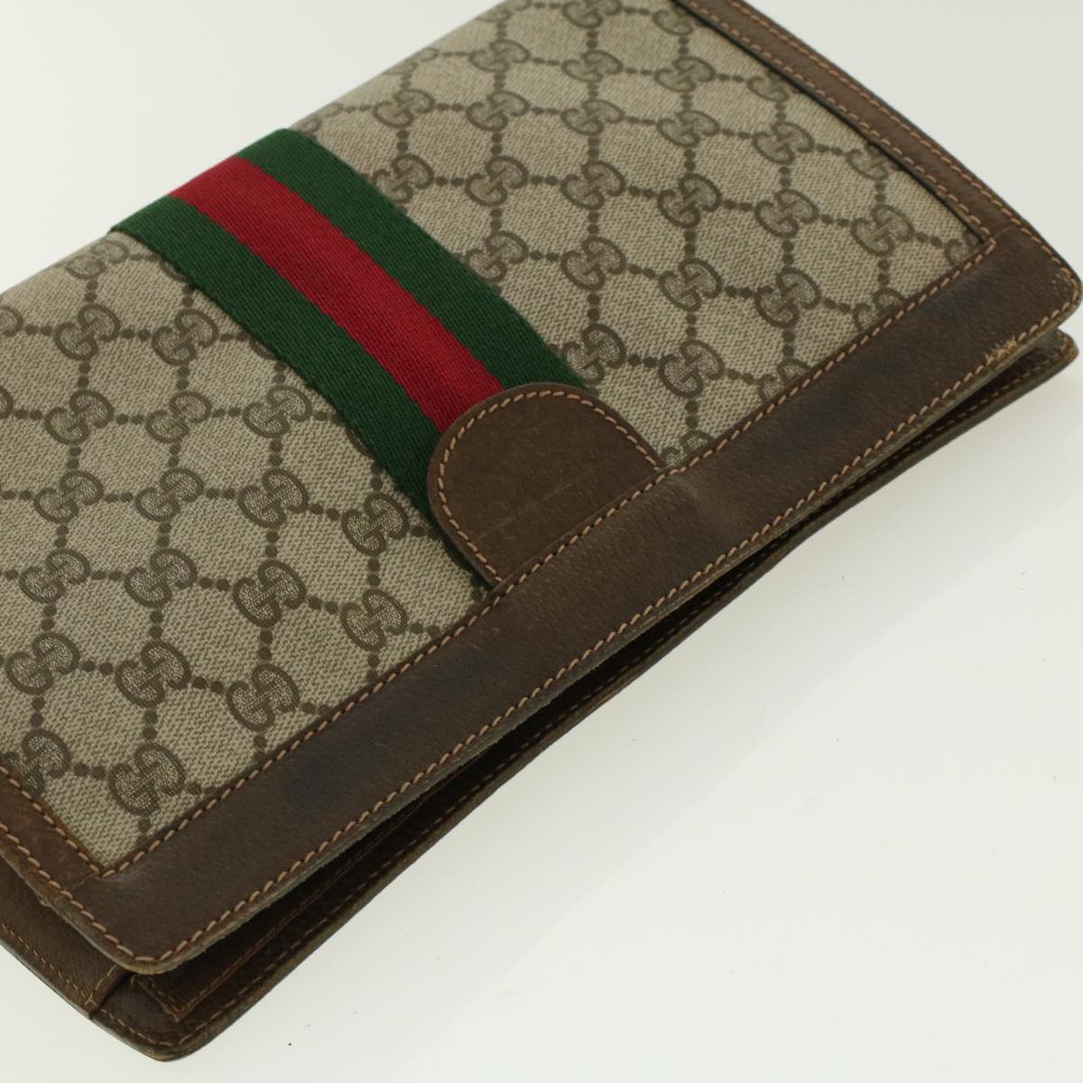 GUCCI GG Canvas Web Sherry Line Clutch Bag Beige Red Green Auth yk6708