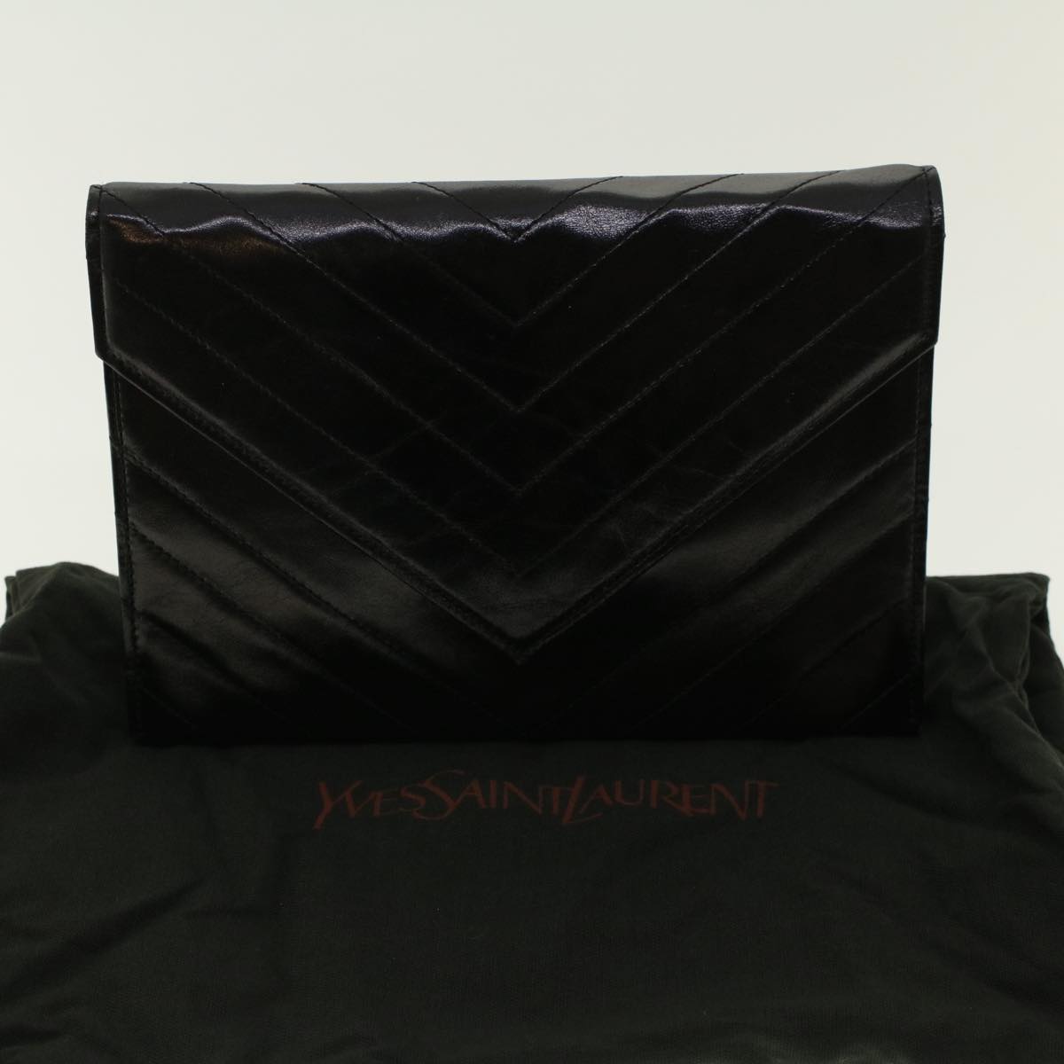 SAINT LAURENT V Stitch Clutch Bag Leather Black Auth yk6758