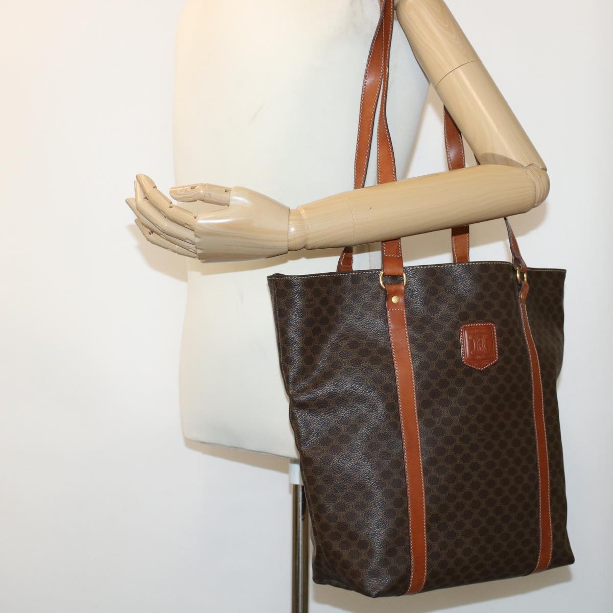 CELINE Macadam Canvas Tote Bag PVC Leather Brown Auth yk6941