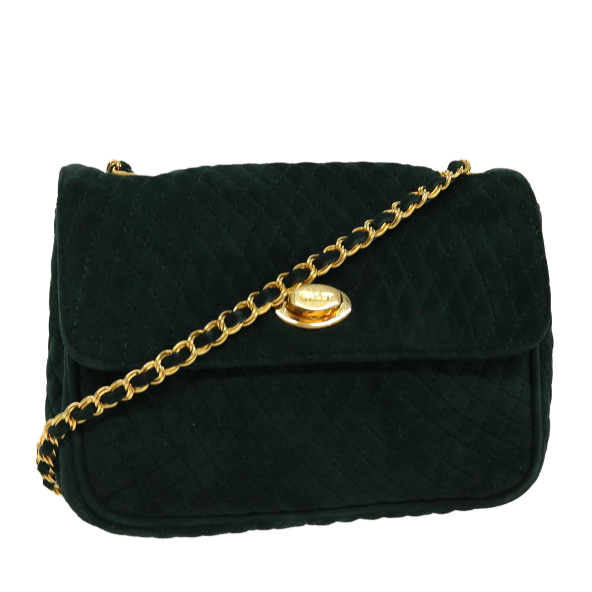 BALLY Quilted Chain Shoulder Bag Suede Green Auth yk6971
