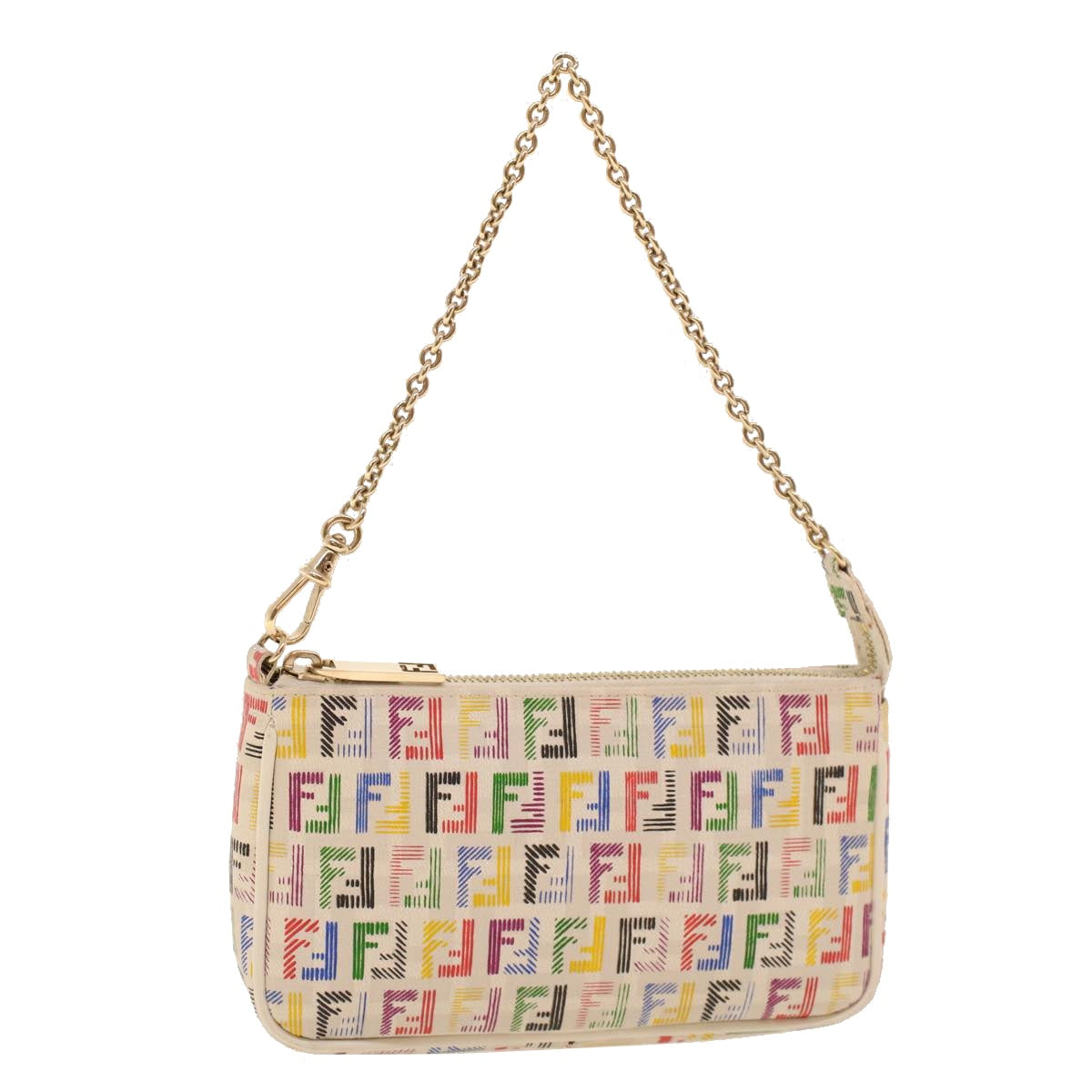 FENDI Zucchino Canvas Chain Accessory Pouch Multicolor Auth yk6972