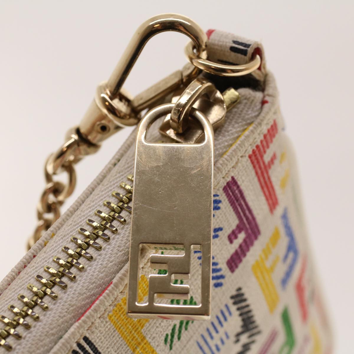 FENDI Zucchino Canvas Chain Accessory Pouch Multicolor Auth yk6972