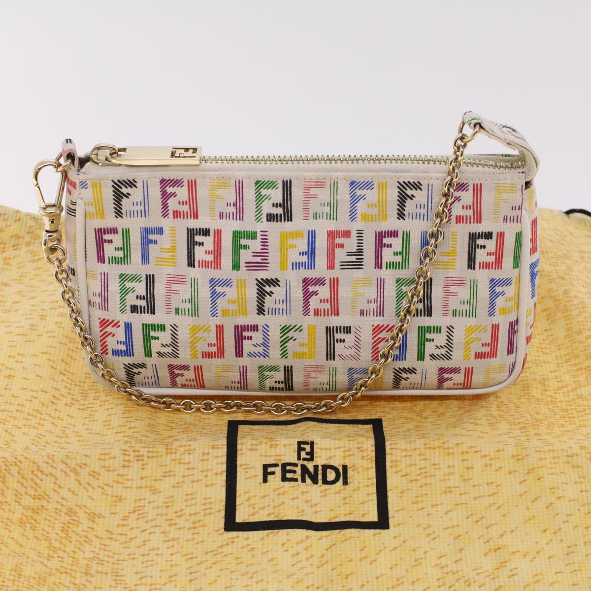 FENDI Zucchino Canvas Chain Accessory Pouch Multicolor Auth yk6972