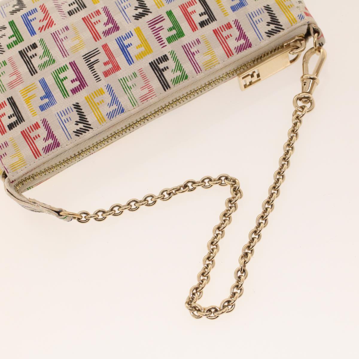 FENDI Zucchino Canvas Chain Accessory Pouch Multicolor Auth yk6972