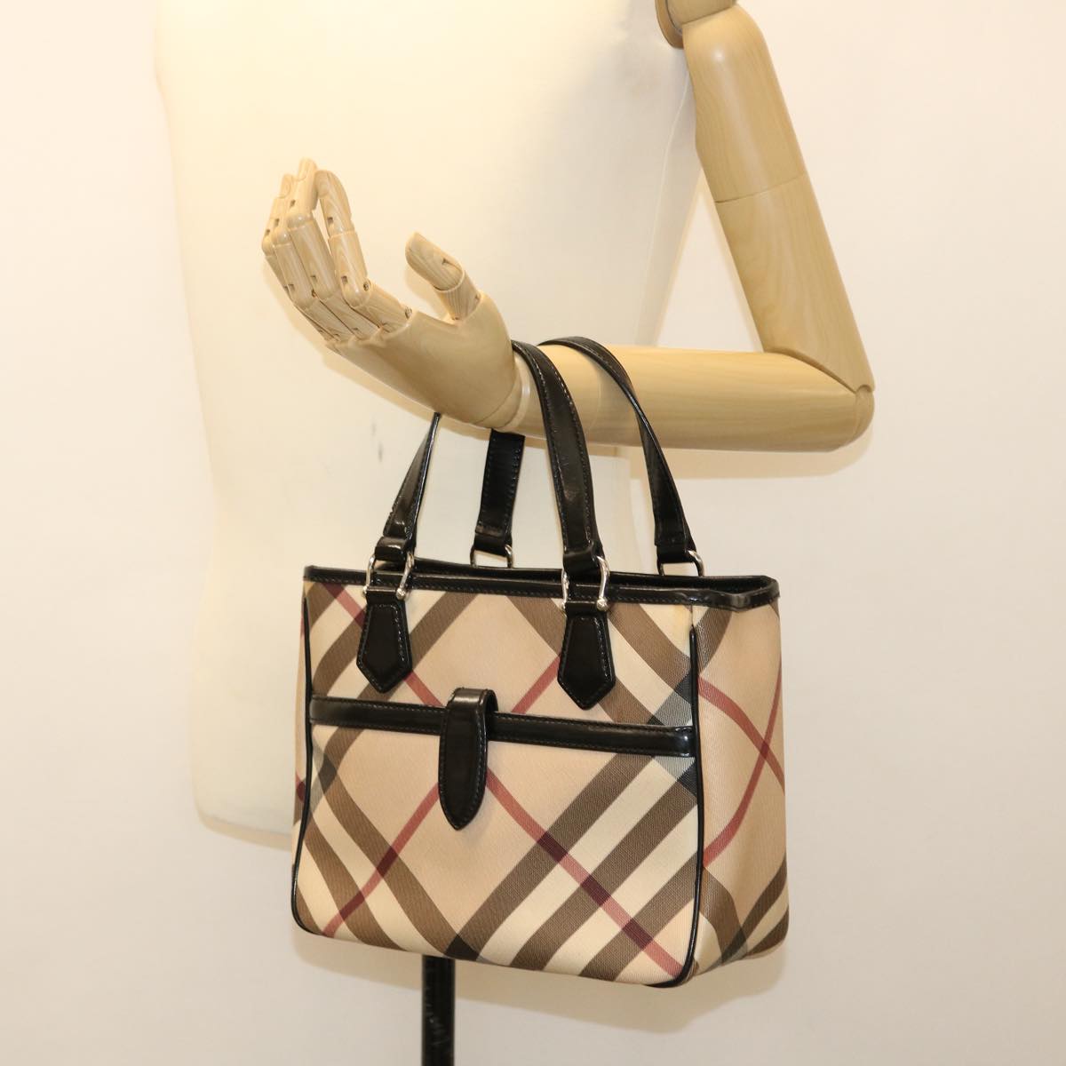 BURBERRY Nova Check Hand Bag PVC Leather Beige Auth yk7004B