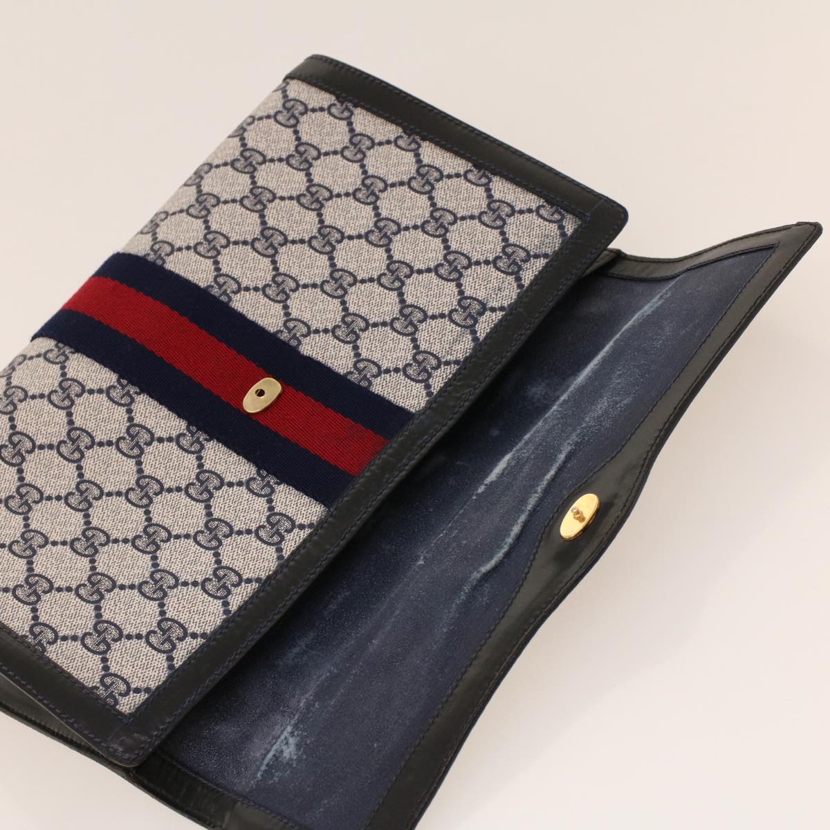 GUCCI GG Canvas Sherry Line Clutch Bag Gray Red Navy 67.014.3087 Auth yk7005B