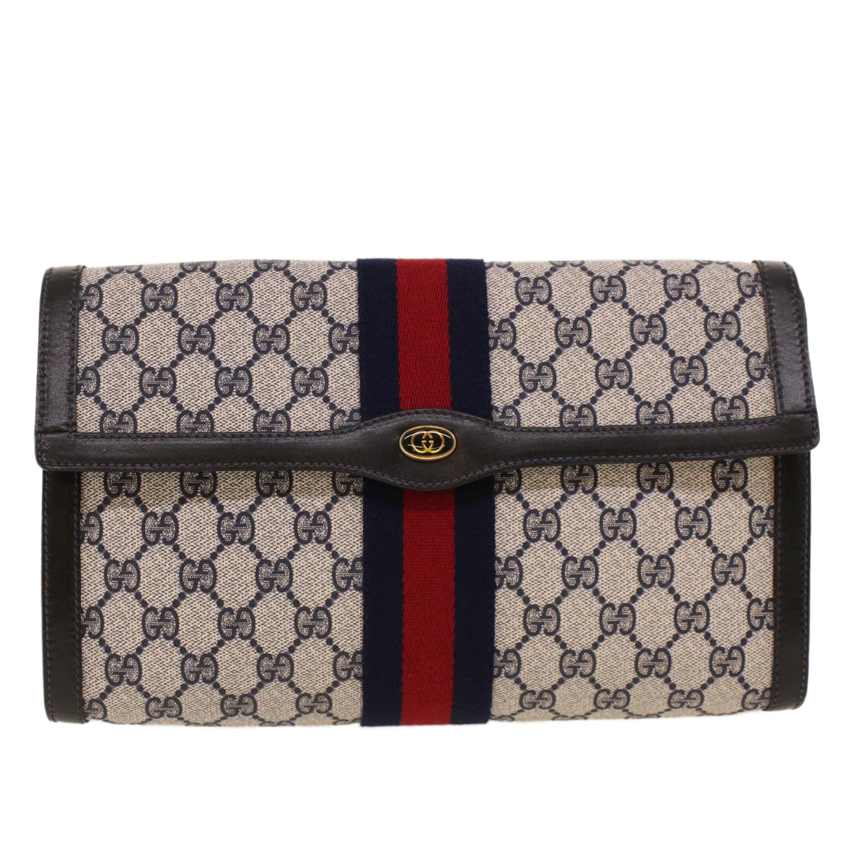 GUCCI GG Canvas Sherry Line Clutch Bag Gray Red Navy 67.014.3087 Auth yk7005B