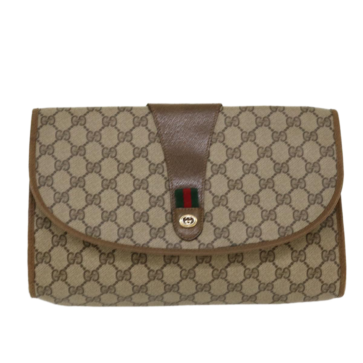 GUCCI GG Canvas Web Sherry Line Clutch Bag Beige Red 89.01.031 Auth yk7021B